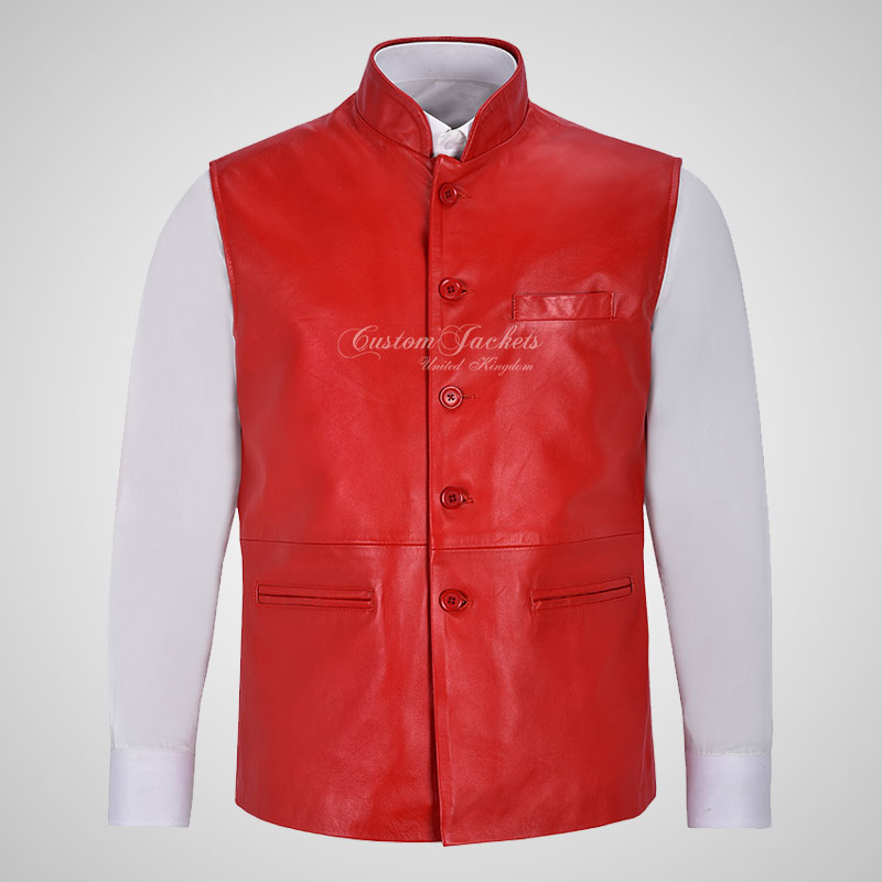 NEHRU Mandarin Collar Leather Waistcoat For Mens Soft Leather