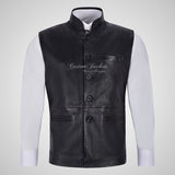 NEHRU Mandarin Collar Leather Waistcoat For Mens Soft Leather