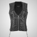 GELINE Black Leather Studded Laced Biker Leather Waistcoat for Women