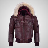 LOCKHEED Men Puffer Padded Bomber Leather Jacket with Removable Fur Hood