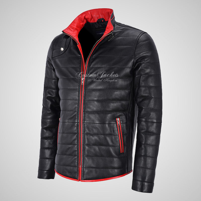DALTON Men's Puffer Leather Jacket Black Padded Blouson – Custom