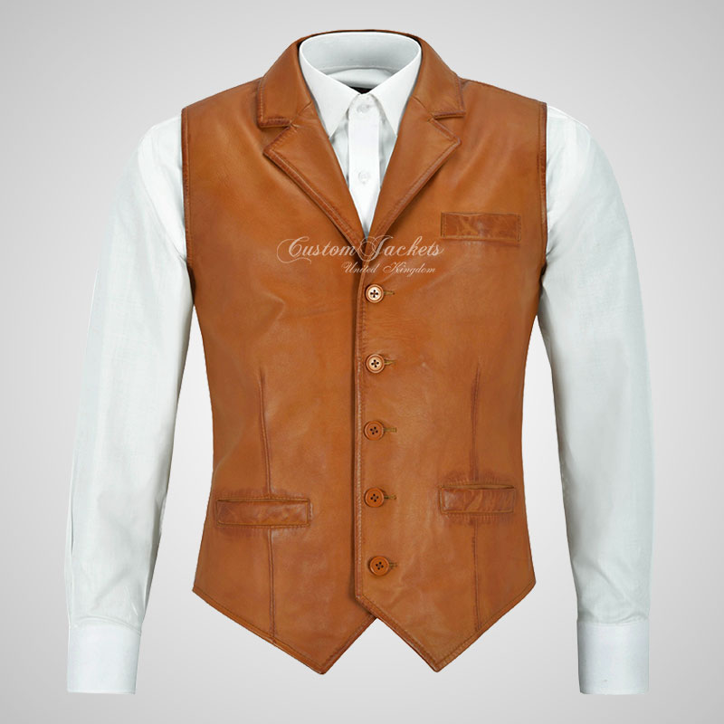 ALDON Notch Lapel Collar Leather Waistcoat For Mens