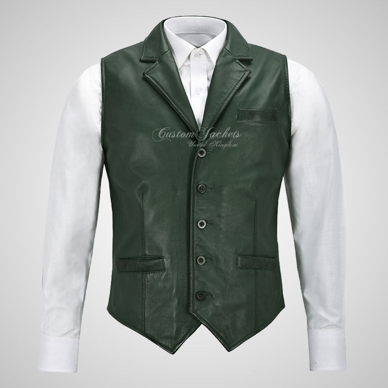 ALDON Notch Lapel Collar Leather Waistcoat For Mens