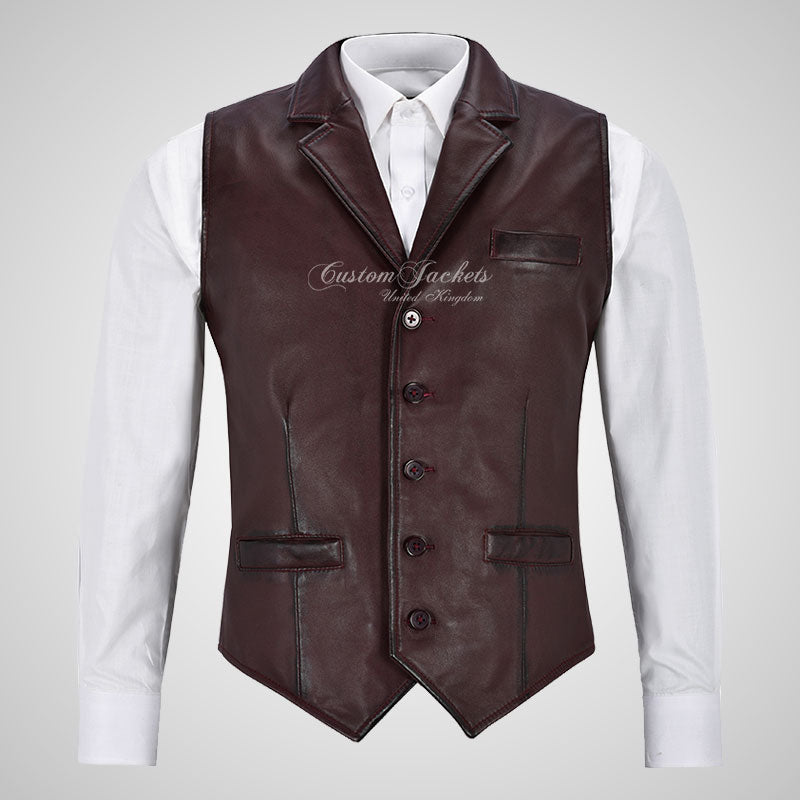 ALDON Notch Lapel Collar Leather Waistcoat For Mens