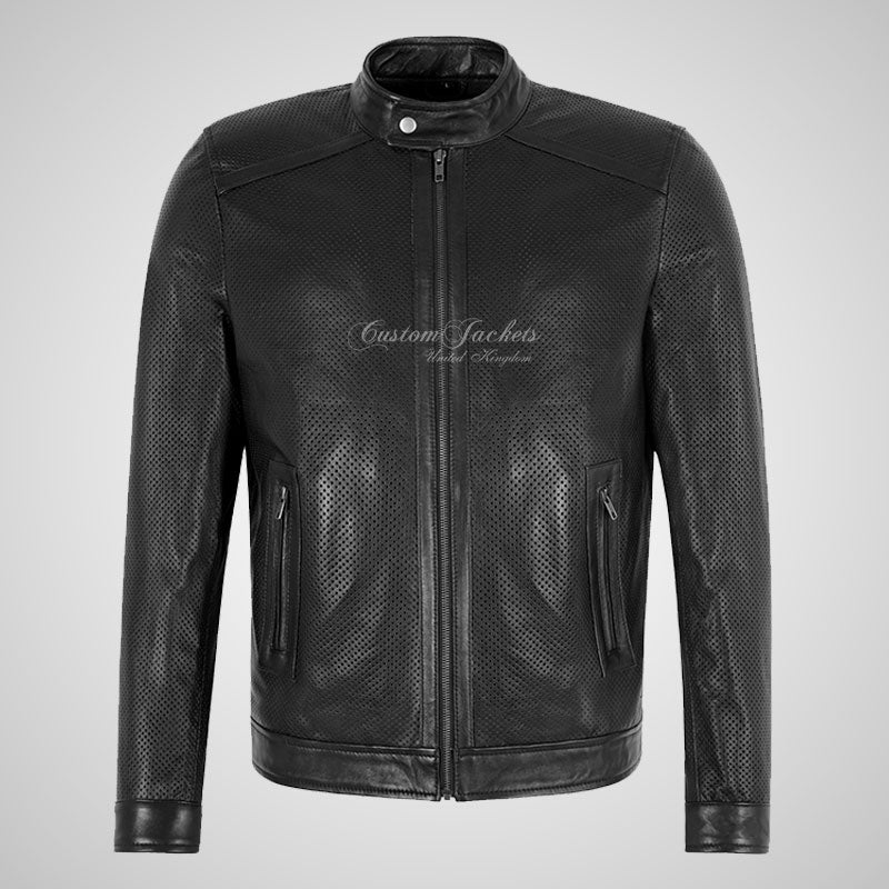KOBE Perforated Leather Mens Biker Style Fashion Jacket Black