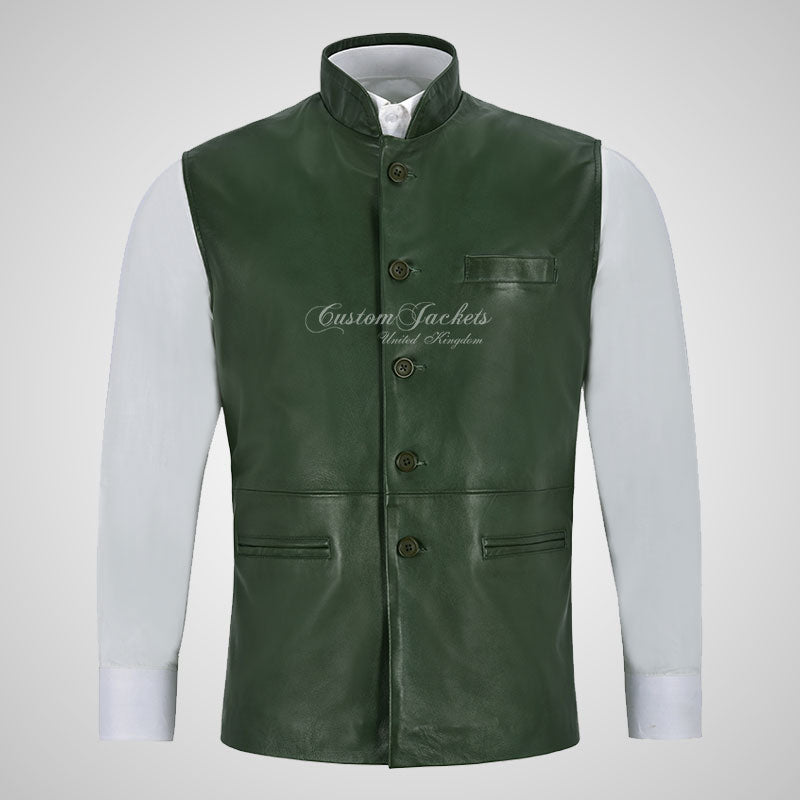 NEHRU Mandarin Collar Leather Waistcoat For Mens Soft Leather