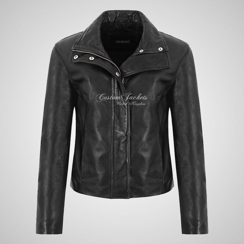 LAELA Women’s Foldable Collar Leather Biker Jacket