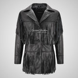 FREE SPIRIT Fringe Leather Biker Jacket For Women Black