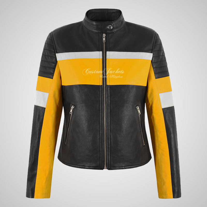 MARLEY Ladies Biker Leather Jacket Black Yellow