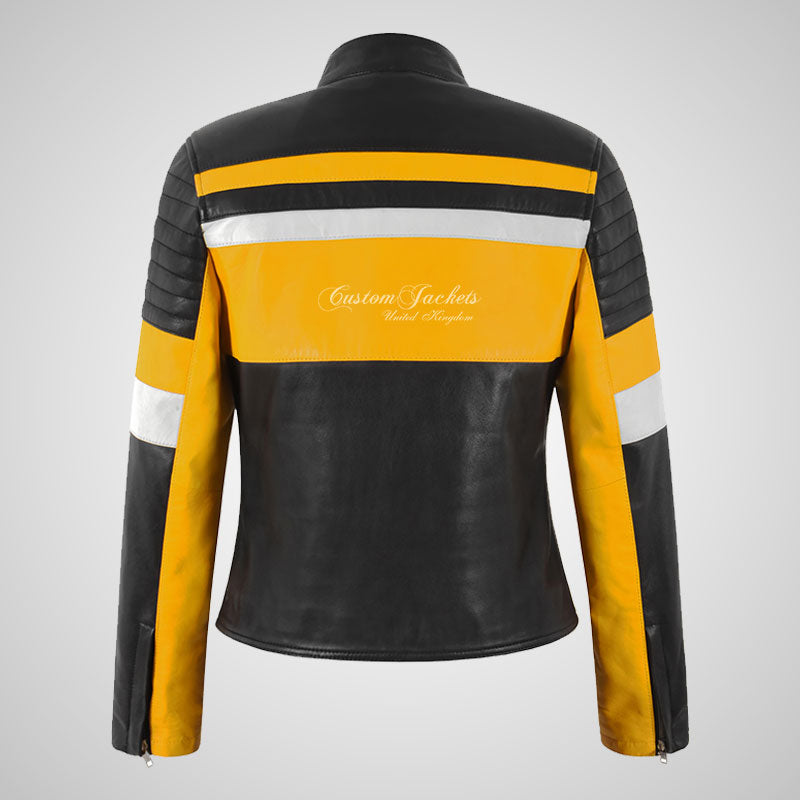 MARLEY Ladies Biker Leather Jacket Black Yellow