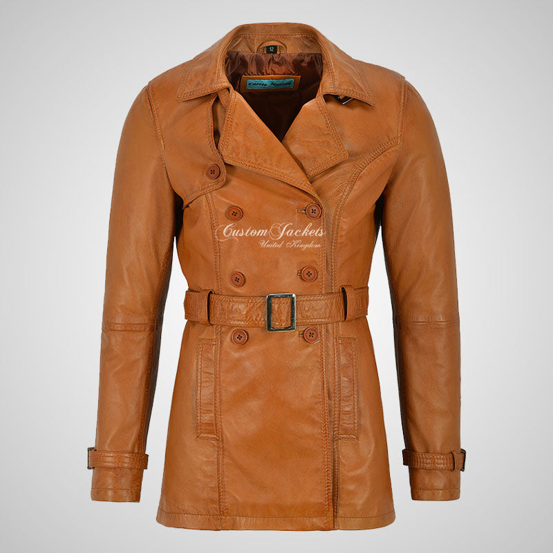 PARIS Ladies Leather Trench Coat Double Breasted Belted