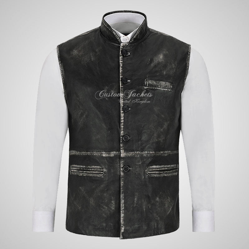 NEHRU Mandarin Collar Leather Waistcoat For Mens Waxed Leather