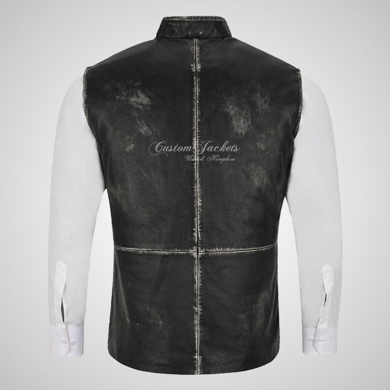 NEHRU Mandarin Collar Leather Waistcoat For Mens Waxed Leather