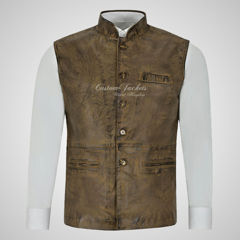 NEHRU Mandarin Collar Leather Waistcoat For Mens Waxed Leather