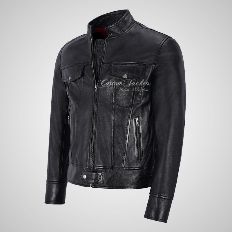 ROADSTER Men's Biker Leather Jacket - Soft Lambskin Napa Leather