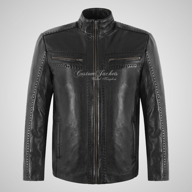 DENIZ Saddle Stitch Black Leather Blouson Casual Jacket Soft Leather