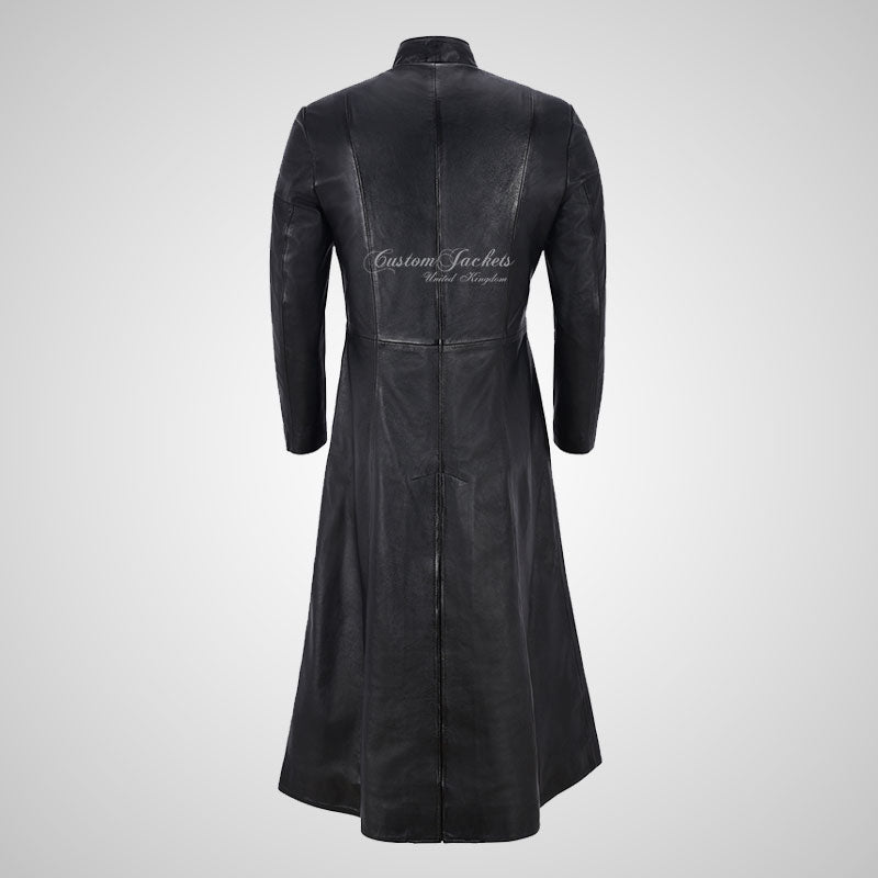 MATRIX REVOLUTION Black Full Length Leather Coat for Mens