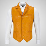 ALDON Notch Lapel Collar Vintage Leather Waistcoat For Mens