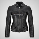 KAYLEE Ladies Black Leather Jacket Shirt Collar Fitted