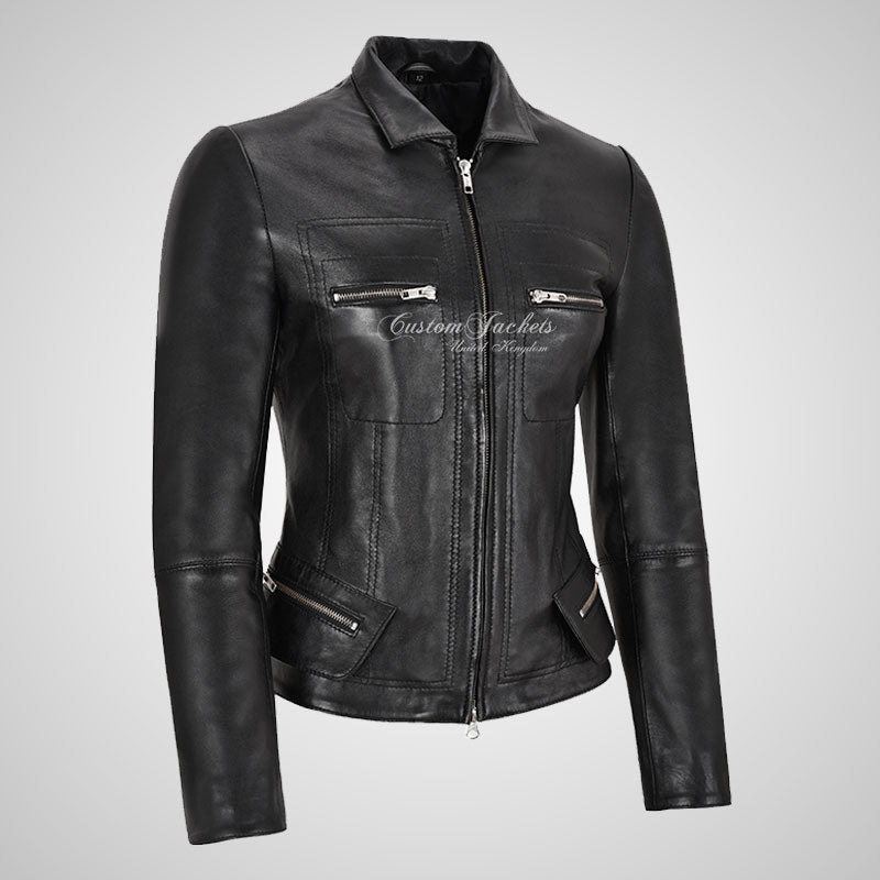 KAYLEE Ladies Black Leather Jacket Shirt Collar Fitted