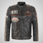 SIZMA Vintage Biker Leather Jacket for Mens Black Buffalo Leather