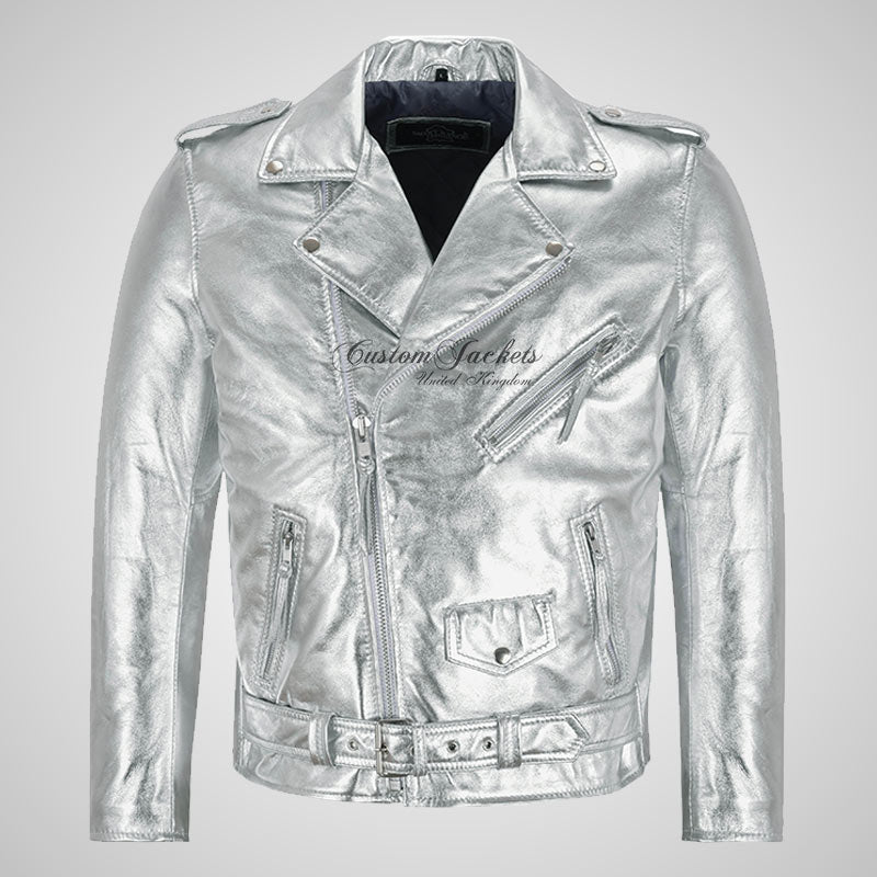 MARLON BRANDO Mens Biker Leather Jacket Golden and Silver Colors