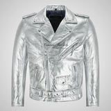 MARLON BRANDO Mens Biker Leather Jacket Golden and Silver Colors