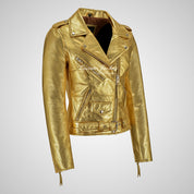 BRANDO Ladies Biker Leather Jacket: Stunning Golden and Silver Colors