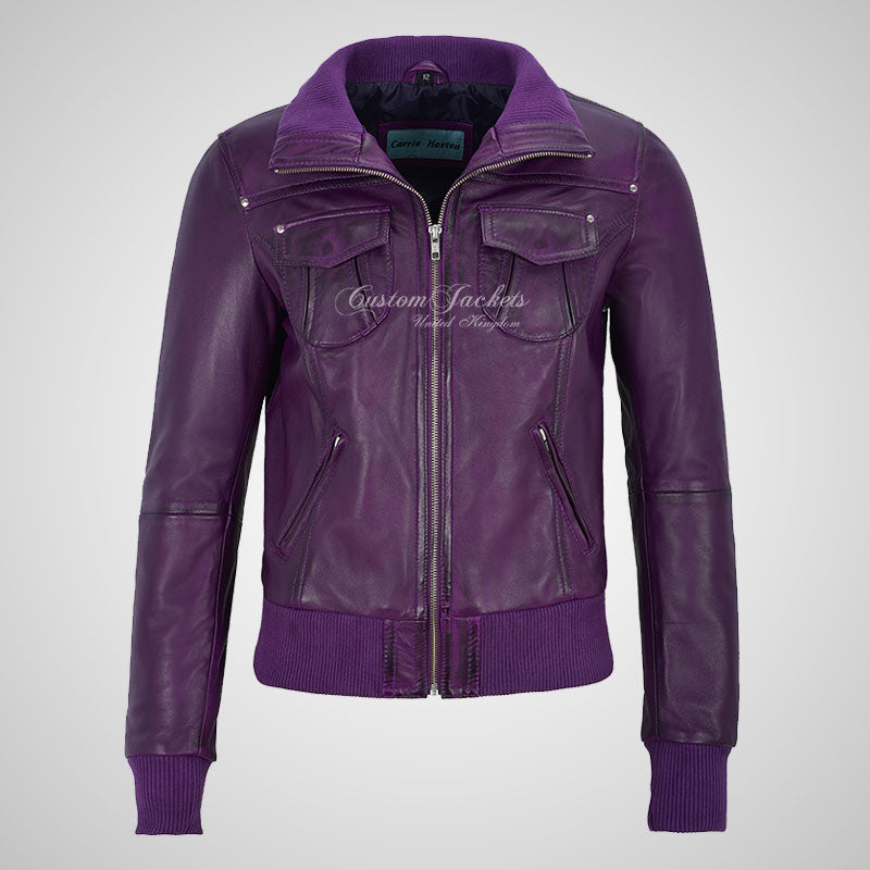 CORAL Ladies Fitted Bomber Leather Jacket Soft Lambskin Blouson