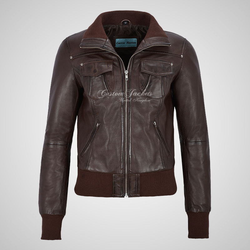 CORAL Ladies Fitted Bomber Leather Jacket Soft Lambskin Blouson