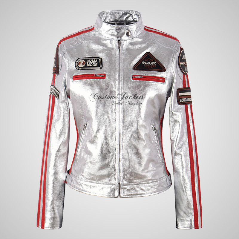 LDS SIZMA Golden and Silver Biker Leather Jacket for Women