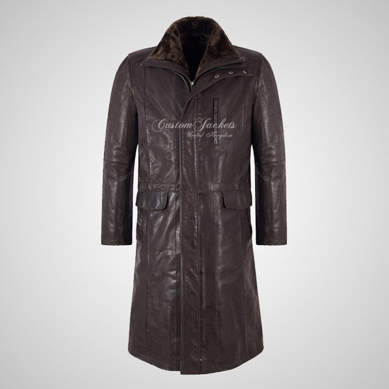 DARYL DIXON Crombie Style Leather Jacket Overcoat For Mens