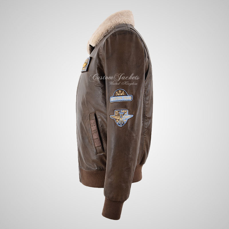 TRAP Leather Bomber Pilot Jacket Brown Detachable Fur Collar