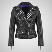 ROCKER Women Leather Studded Biker Jacket Black