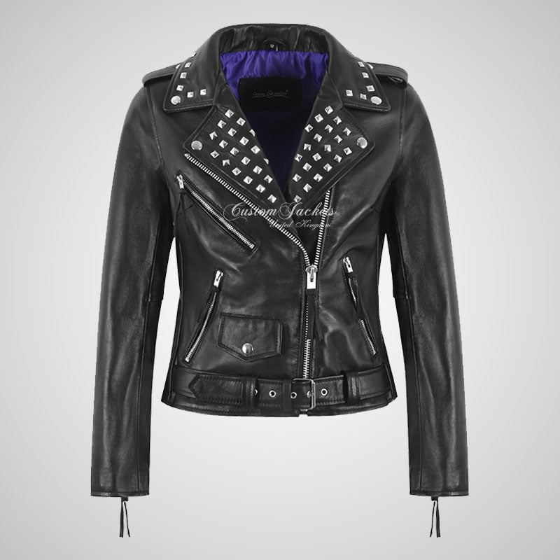 ROCKER Women Leather Studded Biker Jacket Black