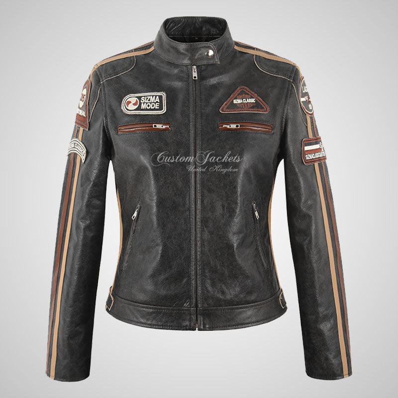 LDS SIZMA Vintage Leather Biker Jacket for Women