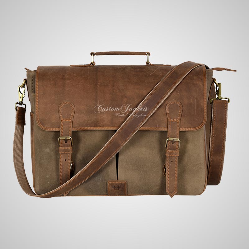 Real Leather With Canvas Laptop Briefcase Bag Shoulder Messenger Bag
