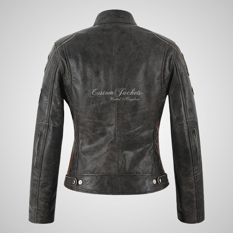 LDS SIZMA Vintage Leather Biker Jacket for Women