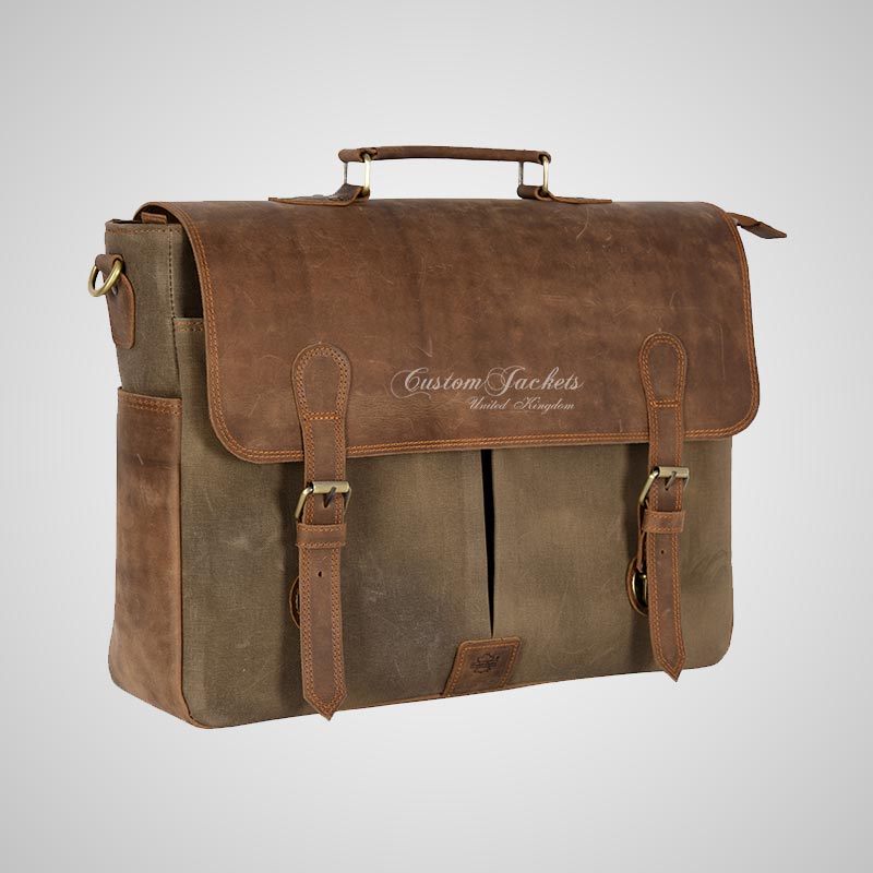 Real Leather With Canvas Laptop Briefcase Bag Shoulder Messenger Bag