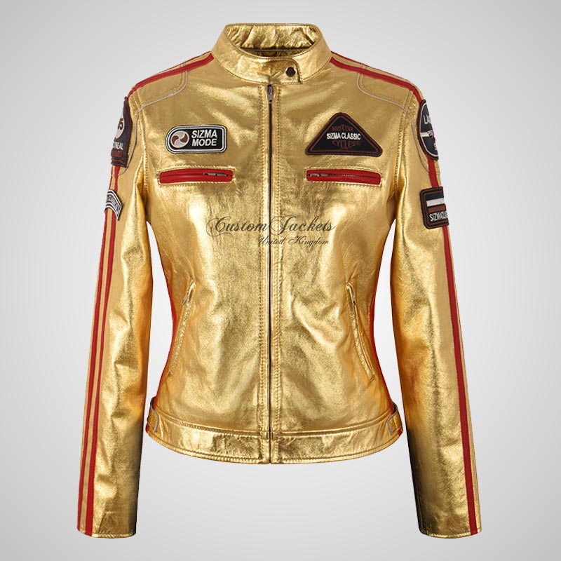 LDS SIZMA Golden and Silver Biker Leather Jacket for Women