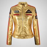 LDS SIZMA Golden and Silver Biker Leather Jacket for Women