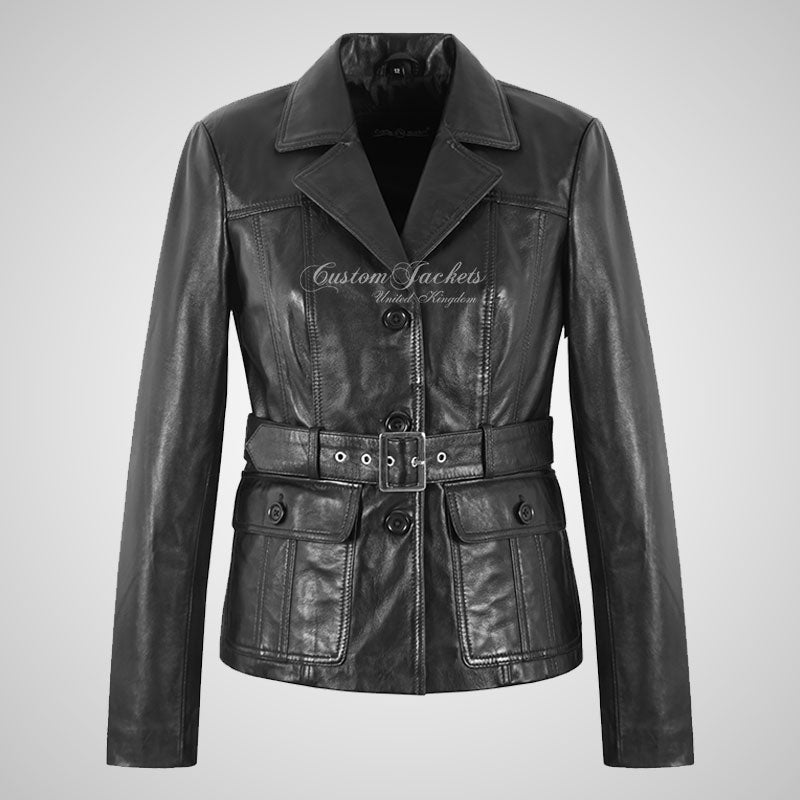 MELINA Ladies Fitted Leather Blazer with Belt Black