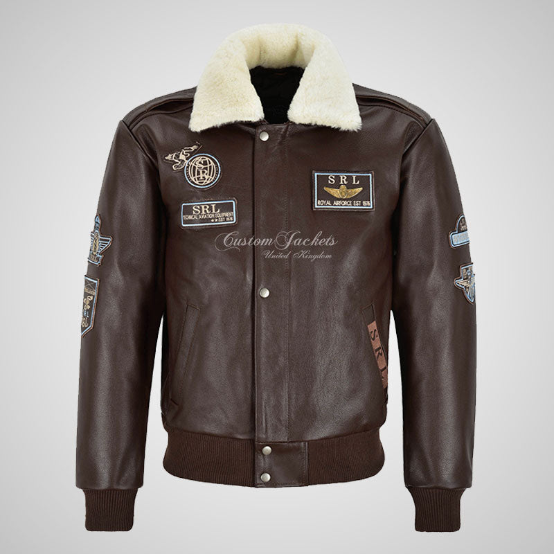 TRAP Leather Bomber Pilot Jacket With Detachable Fur Collar