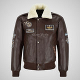 TRAP Leather Bomber Pilot Jacket With Detachable Fur Collar