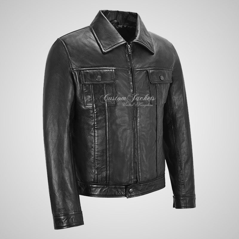 ELEVIS Mens Shirt Collar Leather Jacket Soft Leather Shacket