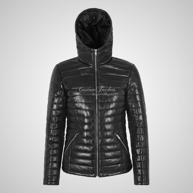 EUPHORIA Ladies Black Leather Puffer Padded Hooded Jacket