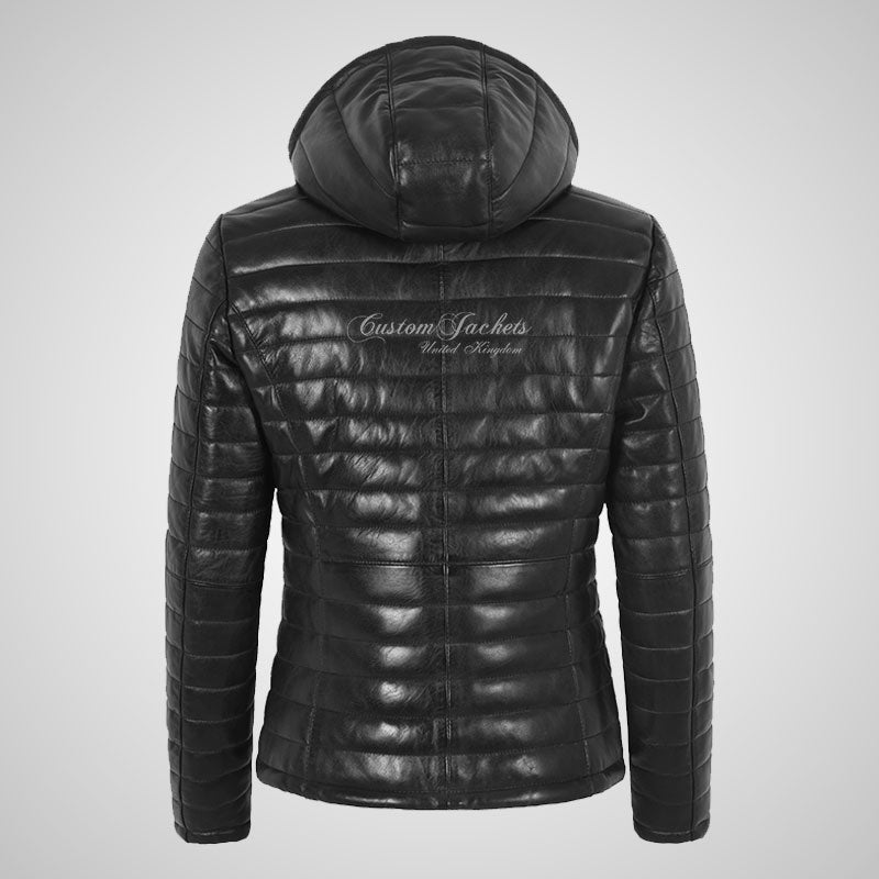 EUPHORIA Ladies Black Leather Puffer Padded Hooded Jacket