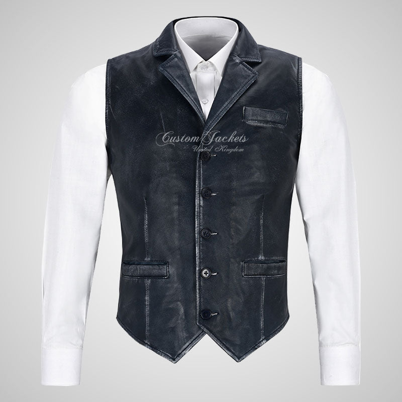 ALDON Notch Lapel Collar Vintage Leather Waistcoat For Mens
