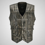 GAMBLE Mens Biker Leather Vest Side Laced Vintage Black