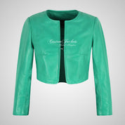 DEVERE Collarless Cropped Leather Jacket for Women